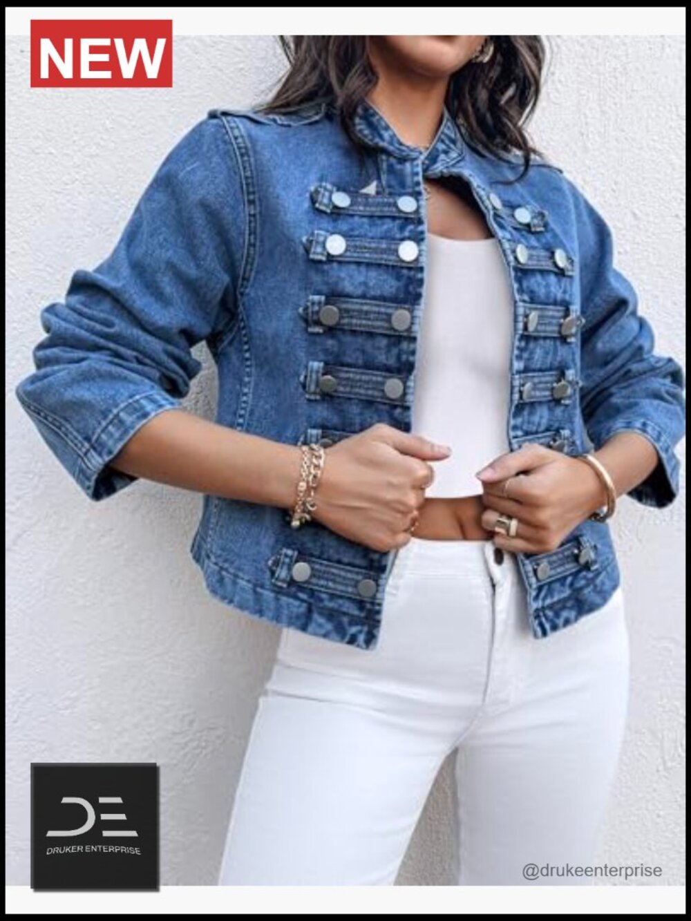 Denim Jacket Button Up Stand Collar Casual Long Sleeve Lightweight Fall Coat - Picture 5 of 7